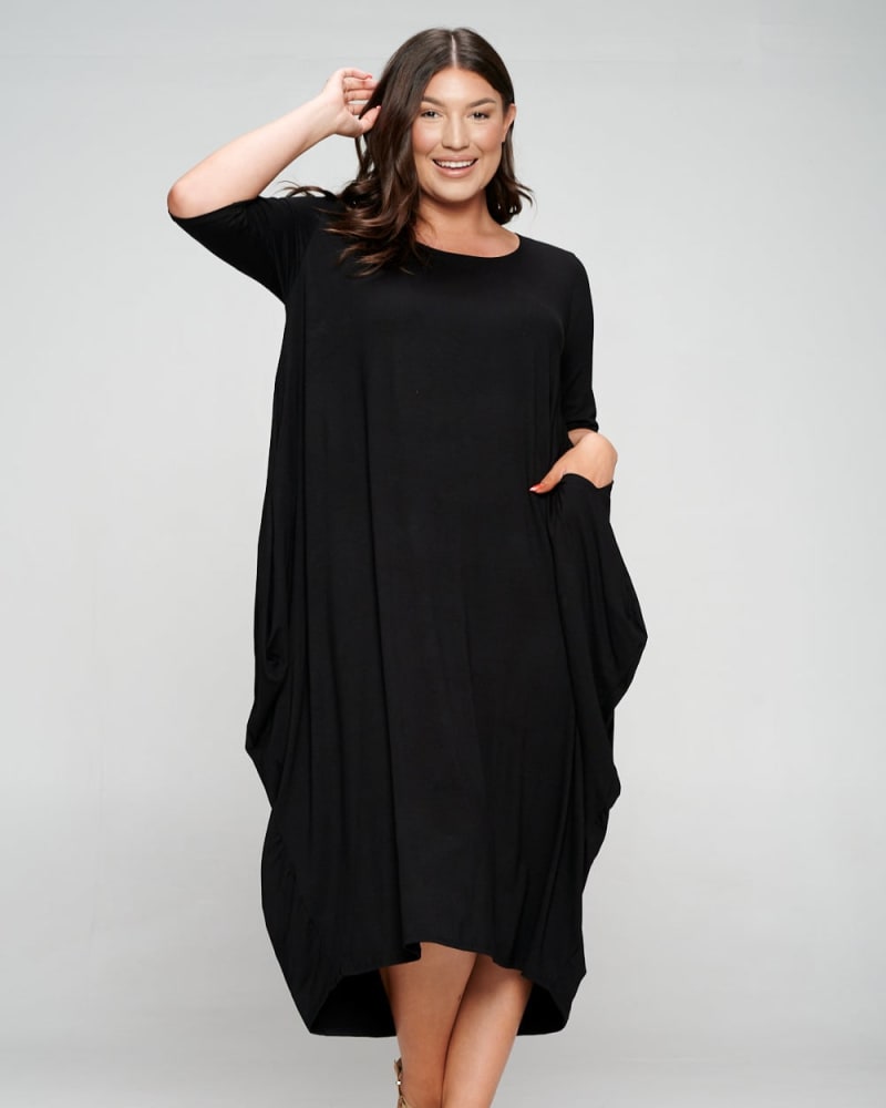 Front of a model wearing a size 1X Nevaeh Midi Dress in Black by L I V D. | dia_product_style_image_id:274181